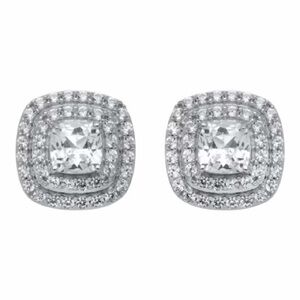 White Sapphire Halo Earrings | Sterling Silver | Cushion Cut